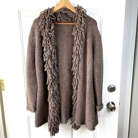 Lafayette 148 Chunky Fringe Trim Wool Brown Cozy Cardigan Sweater Size XL - Picture 1 of 6